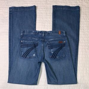 7FAM Dojo Wide Leg Flare Jeans, Medium Wash Distressed Denim, Size 27